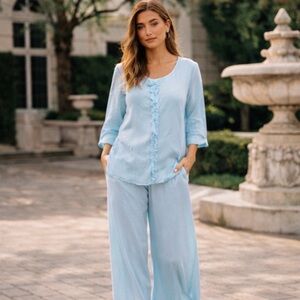Bryn Walker Linen Set Womens M Top Pants 2 Piece Wide Leg Ruffle Lagenlook